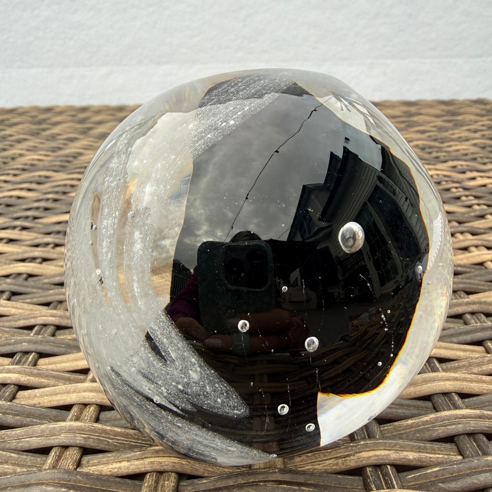 Vintage Black White Art Glass Paperweight Abstract Swirl Bubbles 3.5"